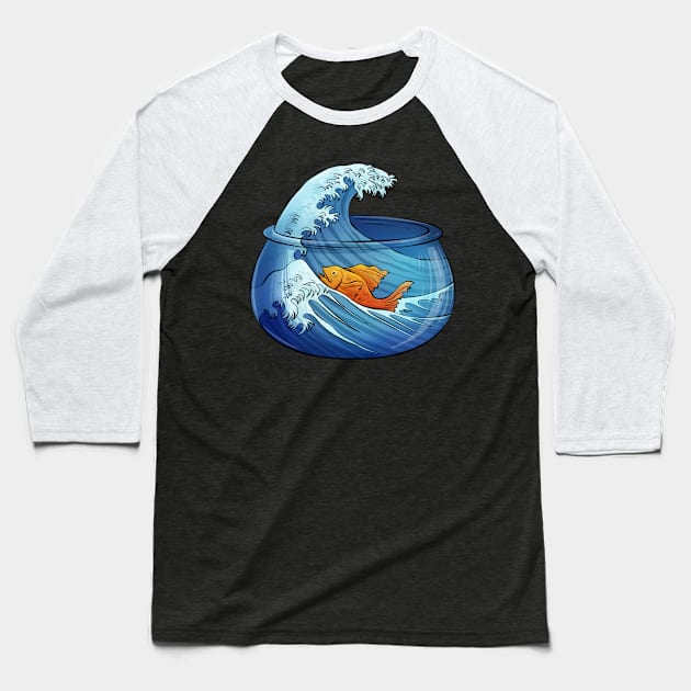 Great Wave of Fishbowl Baseball T-Shirt by salihgonenli
